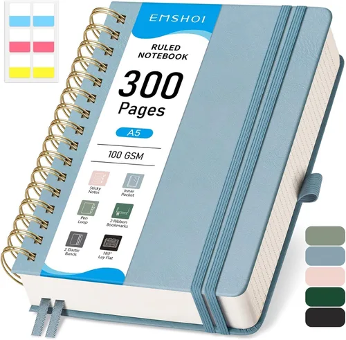 Vista 9 de EMSHOI Cuaderno con espiral de la universidad rayado, 300 páginas numeradas, A4 tapa dura grande de cuero, cuaderno rayado grueso de 100 g/m²