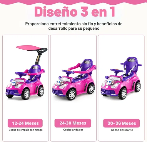 Vista 2 de Costzon Coche de empuje para niños pequeños, cochecito 3 en 1, auto deslizante para caminar con asa, toldo, cinturón de seguridad, bocina, música