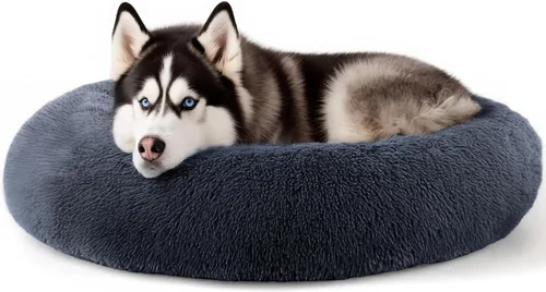 Vista 22 de Hoewina - Cama redonda, calmante, en forma de rosquilla, lavable, esponjosa para interiores, perros y gatos pequeños y medianos, negro, 20 pulgadas