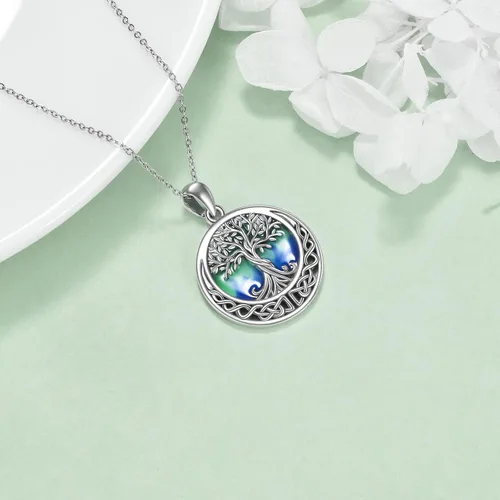 Vista 101 de ONEFINITY Collar de plata de ley 925 con diseño de árbol de la vida con colgante de nudo celta de concha de abulón para mujer