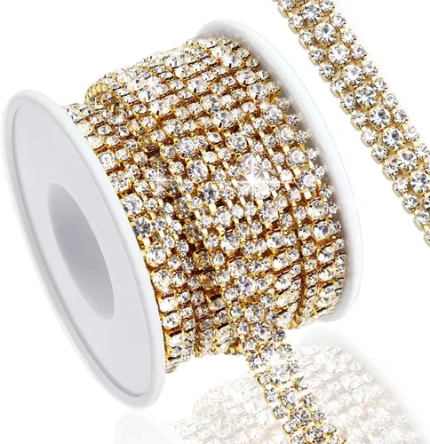 Vista 20 de Cadena de diamantes de imitación de 3 yardas con 3 filas para manualidades, cadena de cierre de diamantes de imitación plateada para hacer joyas