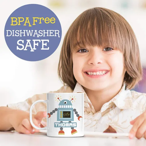Vista 2 de Taza personalizada de robot para niños con nombre, polímero ligero