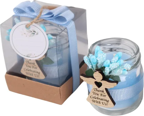 Vista 12 de HTF - Paquete de 5 velas en tarro de cristal, hechas a mano, recuerdos de fiesta de baby shower para niños, velas de vidrio para decoración de baby