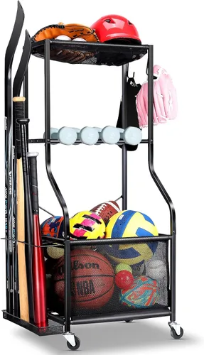 Vista 8 de EXTCCT Organizador de equipo deportivo de garaje, contenedor de almacenamiento de bolas rodantes con ruedas, estante de equipo deportivo de garaje