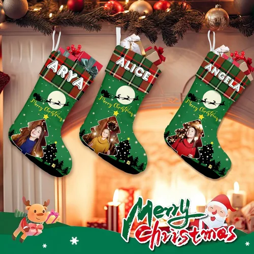 Vista 2 de Calcetines de Navidad personalizados, regalos de adorno de Navidad, carga tu imagen, crea medias para familia, niños, amantes, amigos, hogar