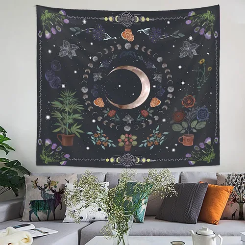 Vista 5 de LINICE Tapiz de plantas, tapiz de fase lunar de la naturaleza para colgar en la pared, tapiz bohemio de mandala estético para decoración