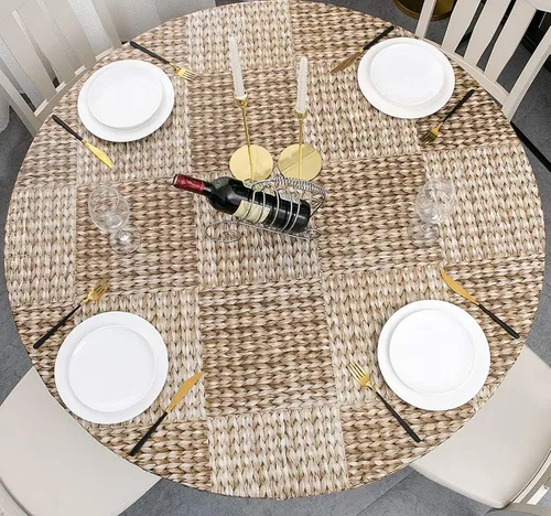 Vista 11 de Mantel redondo de vinilo de plástico ajustable con parte trasera de franela y borde elástico, protector de mesa impermeable para mesa de comedor