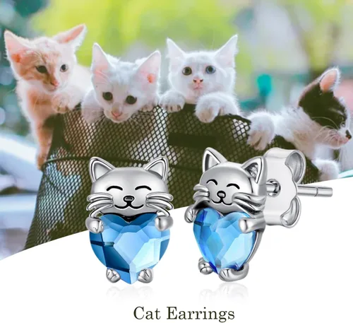 Vista 7 de Aretes de plata de ley 925 con diseño de gato, bonitos aretes de gato con diseño de gatito, joyería de regalo para mujeres y niñas, aretes