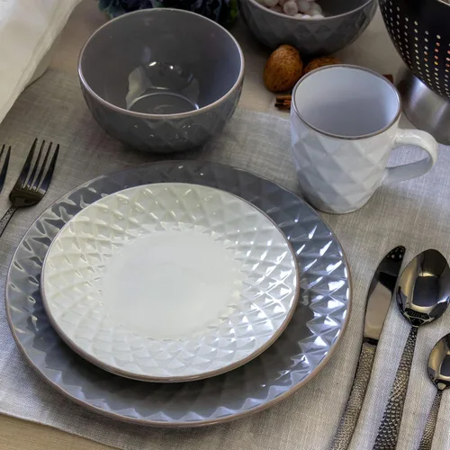 Vista 14 de Elama Round Stoneware Collection - Juego de vajilla de 16 piezas, pizarra y perla