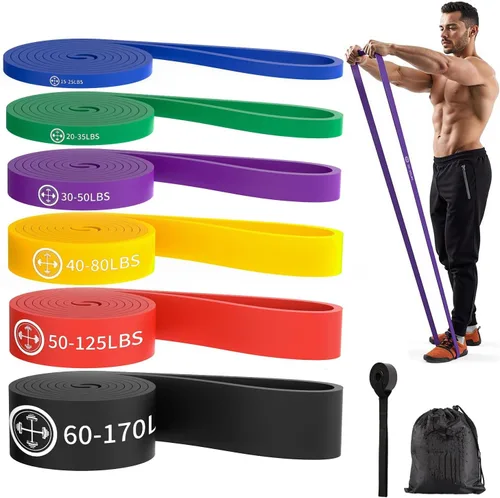 Vista 9 de Bandas de ejercicio, juego de 6 bandas de resistencia para entrenar, juego de bandas de dominadas, equipo de entrenamiento en casa, guía de 5