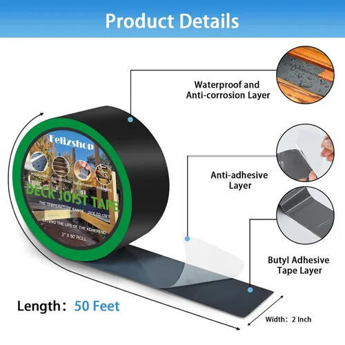 Vista 2 de Cinta de vigueta de cubierta de 2 x 50 pies, cinta adhesiva de butilo para cubierta, impermeable y resistente a la intemperie, cinta intermitente