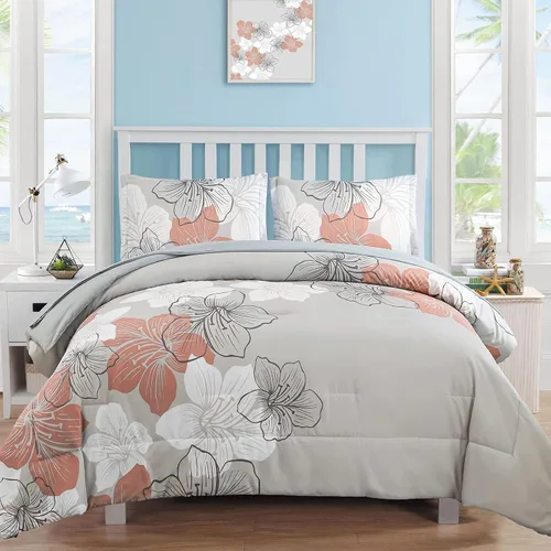 Vista 29 de Luxudecor Juego de edredón floral tamaño individual, 6 piezas de cama en una bolsa, edredón floral azul y juego de sábanas, juego de ropa de cama