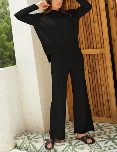 Vista 2 de Conjunto de 2 piezas para mujer, sudadera con cuello alto falso, pantalones de pierna ancha, conjuntos de ropa de descanso