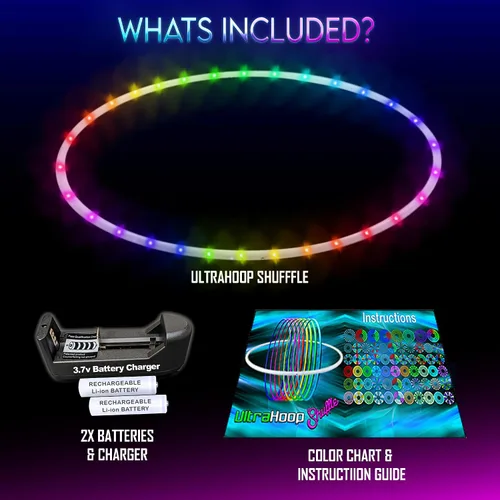 Vista 5 de UltraHoop Shuffle LED Hoop – Aro LED inteligente con cambio de color automático y más de 100 patrones de luz – Recargable, plegable, juguetes