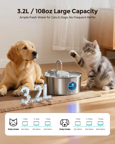 Vista 2 de Invengo Fuente de agua para gatos de acero inoxidable, fuente para mascotas de 108 oz/3.2 L con gran ventana de nivel de agua, dispensador