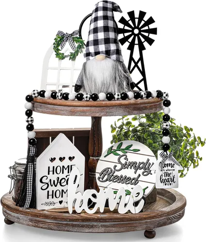Vista 7 de Yalikop 10 piezas de decoración de granja para bandeja escalonada, gnomo de madera de búfalo blanco y negro, mini letrero rústico para decoración