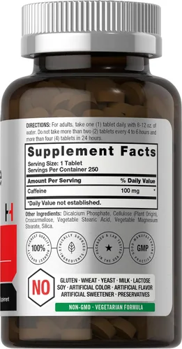 Vista 2 de Horbäach Píldoras de cafeína de 100 mg 250 tabletas Fórmula vegetariana Suplemento sin OMG, sin gluten