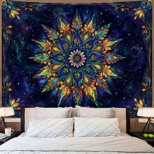 Vista 38 de Fowocu Tapiz bohemio con mandala floral para colgar en la pared, medallón de flores bohemias, tapiz estético, beige, naranja, hippie, indio, pequeño