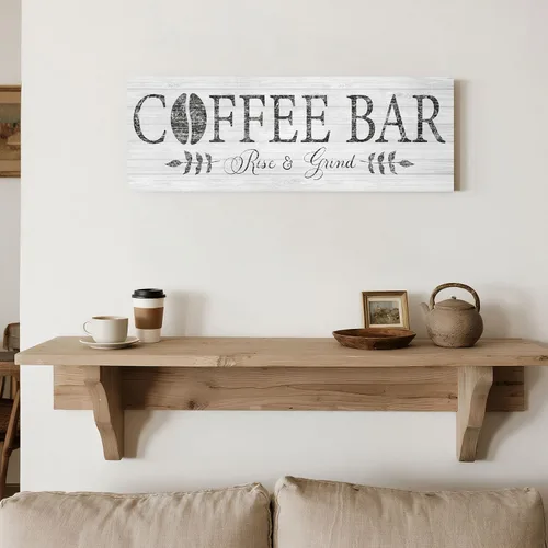 Vista 5 de Letrero de café Rise & Grind, arte de impresiones en lienzo inspiracional para decoración de cocina, casa de campo, estante, mostrador, bar