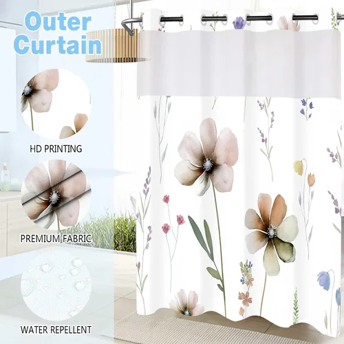 Vista 4 de Cortina de ducha sin gancho con juego de forro a presión, cortinas de ducha modernas de tela con flores color teja para decoración de baño de hotel