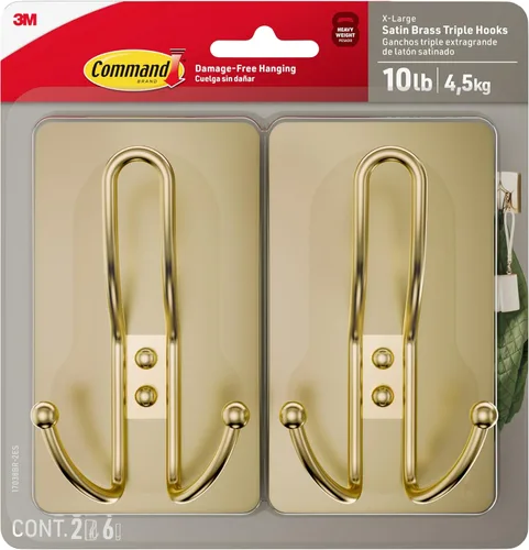Vista 10 de Ganchos Command X-Grande de Latón Satinado Triple, 1 Gancho, 3 Tiras, Ganchos de Pared para Colgar sin Daños con Tiras Adhesivas, Sin Herramientas