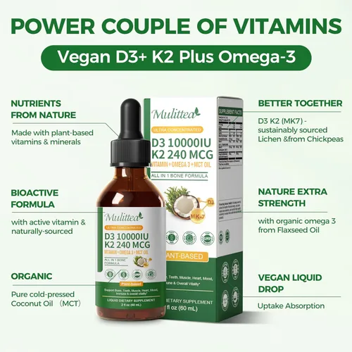 Vista 5 de Mulittea Líquido orgánico de vitamina D3 K2 con aceite de linaza y coco MCT vegano Omega-3, 10000 UI, líquido de vitamina D, sin rellenos, K2 sin