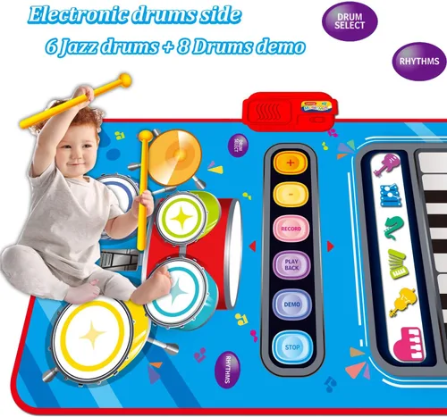 Vista 3 de Juguetes para niños de 1 año, alfombrillas musicales 2 en 1 para niños pequeños de 1 a 3 años, teclado de piano y alfombrilla de batería para niños