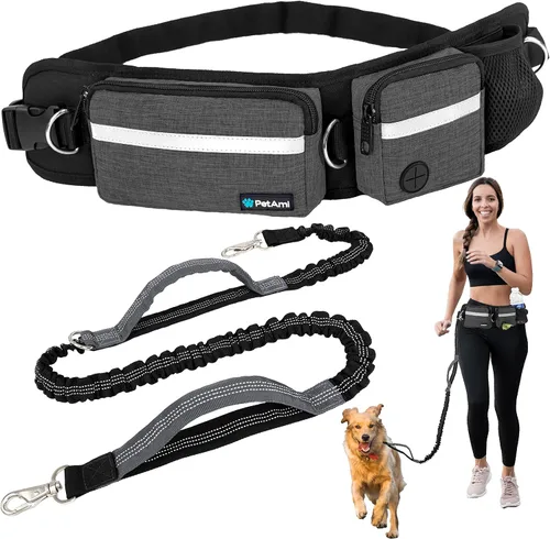 Vista 13 de Correa para perro PetAmi manos libres, correa para correr con bolsa para la cintura, para caminar, trotar, doble bolsillo con cremallera