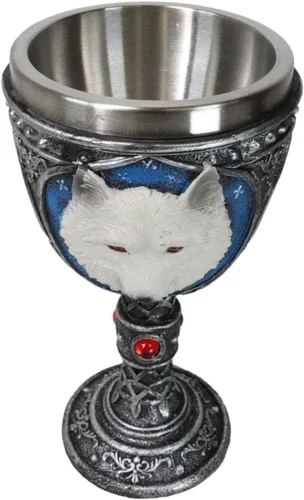 Vista 2 de Ebros Gift Gran celta mágica Knotwork Alpha Direwolf White Snow Wolf 8oz cáliz de copa de vino con forro de acero inoxidable Figura de taza