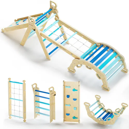 Vista 11 de BlueWood Pikler - Juego de triángulos 7 en 1 plegables, juguetes de escalada Montessori de madera con arco y rampa y escalera, escalador para bebés