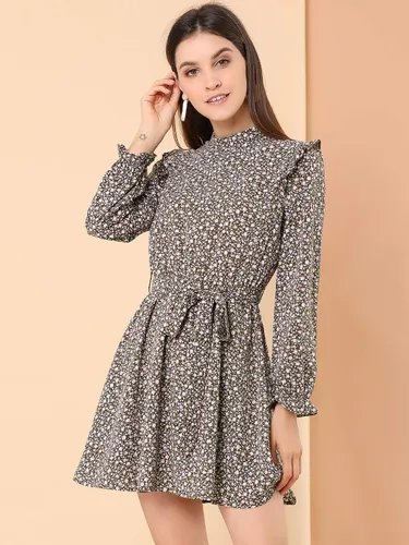 Vista 4 de Allegra K Vestido floral vintage con cuello alto y cinturón para mujer