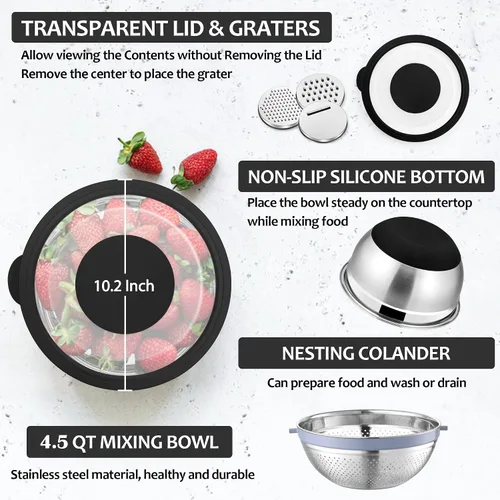 Vista 2 de E-far Colador con Juego de Tazón Mezclador, Coladores de Acero Inoxidable 4 en 1 con Ralladores para Cocina, Tazón Colador de Alimentos Giratorio