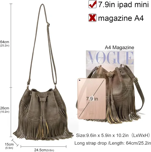 Vista 3 de Bolsos de cuero para mujer, bolsos cruzados con flecos con cordón para mujer, borla y bolsos de hombro