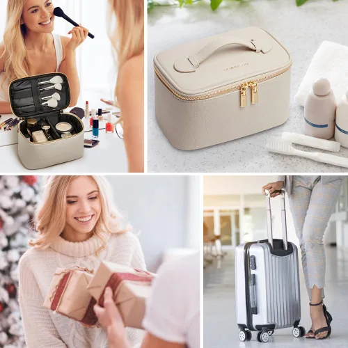 Vista 7 de ROWNYEON - Bolsa de cosméticos, bolsa de maquillaje, estuche portátil para maquillaje, neceser de viaje, organizador para mujeres, color beige