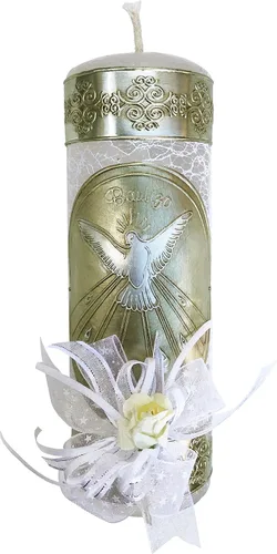 Vista 3 de Arcangeles Mexicanos - Juego de velas católicas de bautismo en caja de madera con toalla, vela, rosario y concha para bebés niños y niñas. Hecho a