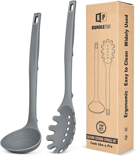 Vista 8 de BUNDLEPRO Juego de cucharón de sopa de silicona y cuchara para pasta, una Caqui