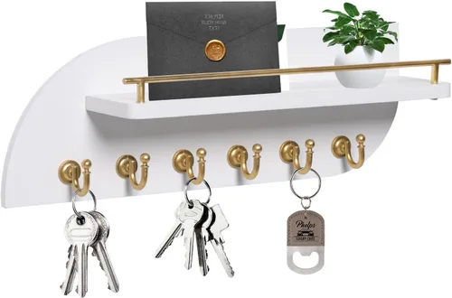 Vista 9 de Soporte para llaves de pared, organizador decorativo de llaves y correo con 3 ganchos de metal y 2 estantes, estante de llaves de madera montado