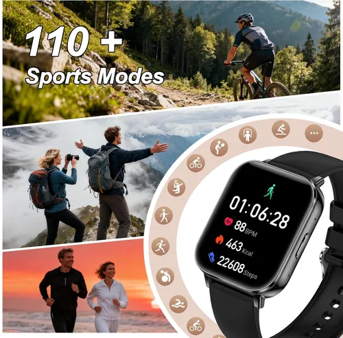 Vista 4 de Relojes inteligentes para mujeres y hombres, batería de 1000 mAh, compatible con Android y iPhone, relojes inteligentes HD de 1.83 pulgadas con Negro
