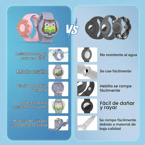 Vista 5 de Pulseras impermeables AirTag para niños, pulseras de silicona ocultas Donut & Owl