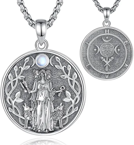 Vista 195 de EUDORA Collar de plata de ley 925 con moneda Hécate, Athena, Perséfono, Nyx, diosa de la luna triple, diosa celta, rueda de Hécate, llave, regalo