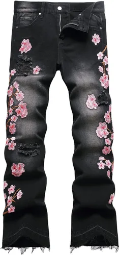 Vista 39 de Baylvn - Pantalones de mezclilla para hombre con diseño patchwork, ajustados y cómodos, estilo motociclista 3132 Camuflaje y azul