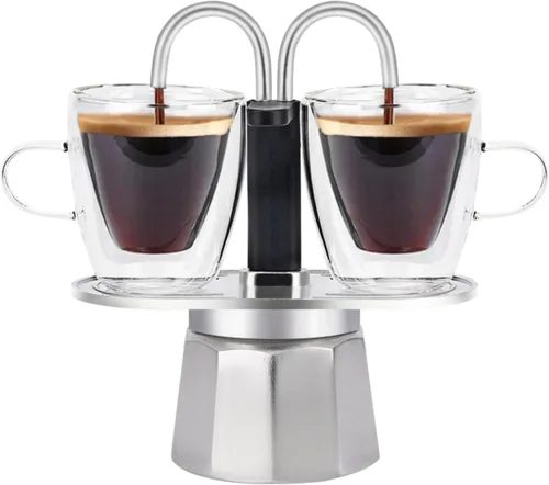 Vista 13 de Mini Express Swiss Single Tube Moka Pot Aluminio Marfil Blanco, El juego Moka incluye una taza de doble pared de 3 onzas, disfruta de un delicioso