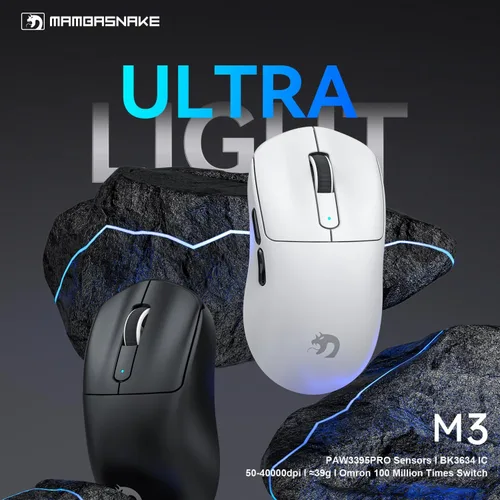 Vista 2 de MAMBASNAKE Mouse inalámbrico M3 para juegos con ligero 1.49 oz, sensor PixArt PAW3395 PRO 40K DPI, modo tri-2.4G/Bluetooth/cableado, micro