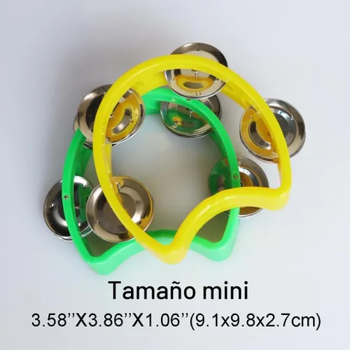 Vista 4 de Pandereta mini campana de mano de percusión instrumento musical pandereta pequeña (1 verde y 1 amarillo)