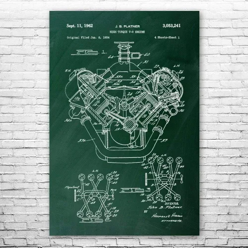 Vista 4 de V8 - Póster de motor impreso, arte de coche musculoso, hemisférico, plano del motor, taller de garaje, taller de carrocería, blanco y negro