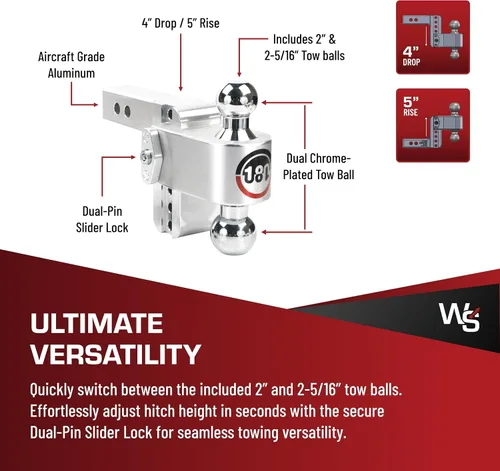 Vista 4 de Weigh Safe Soporte de bola de enganche de remolque ajustable, enganche de caída ajustable de 4 pulgadas para receptor de 2 pulgadas con 4 piezas