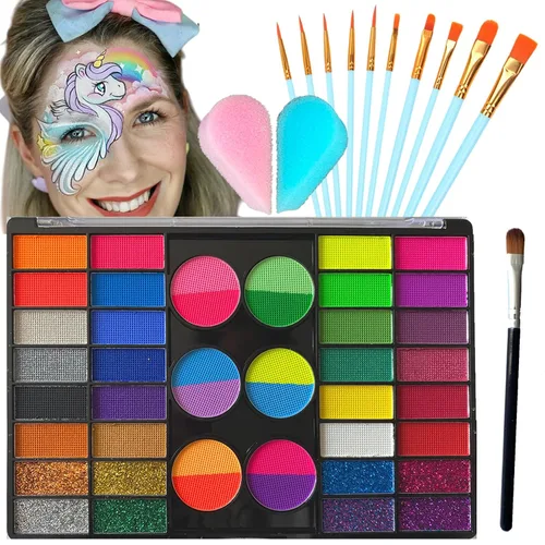 Vista 6 de Face Painting Kit, 12 Split Cake Face Paint Palette Makeup Kit Non-Toxic Water Activated with Brush, Sponge for Party Halloween (12 Split Cakes)