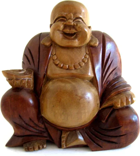 Vista 4 de OMA Happy Sitting Buddha - Estatua de madera tallada en madera, marca de tamaño grande