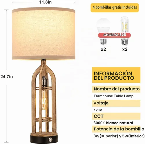 Vista 2 de Seealle Juego de 2 Lámparas de Mesa para Sala de Estar - Lámpara de Noche de Aspecto de Madera para Dormitorio con USB C+A y Enchufe, Lámparas de D.