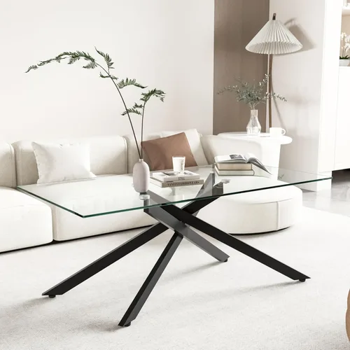 Vista 10 de Mesa de centro de cristal para sala de estar, moderna rectangular con parte superior de vidrio templado transparente y patas de metal, mesas de Negro